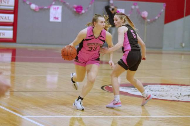 Wallkill Valley's Jackie Schels dribbles the ball past High Point's Leah English. Schels scored 21 points.