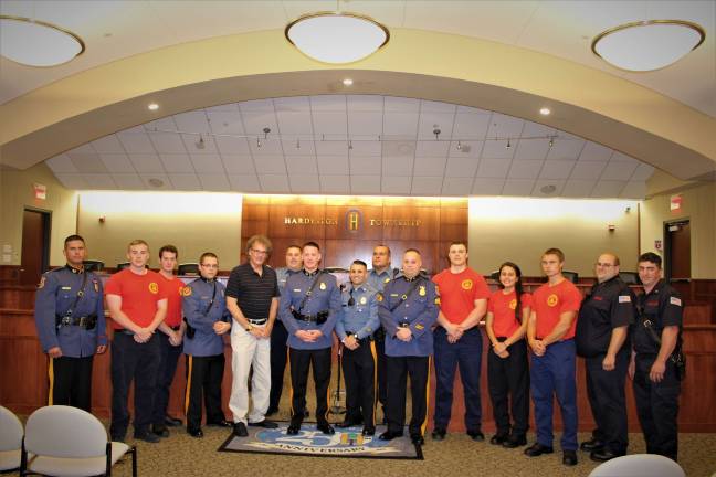 Photo courtesy of Hardyston Township From left, Police Chief Bret Alemy, Firefighter Cameron Blake, Firefighter Nick Martucci, Det. William Varcadipane, Steven Calantropio, Patrolman Brad Worman, Patrolman Justin Edelbach, Patrolman Richard Nudo, Sgt. Christian Bonfiglio, Sgt. Nicholas Calandra, Firefighter Greg Stiansen, Firefighter Leah Struble, Firefighter Brandon Kopf, Assistant Fire Chief Company 1 Ray Marion and Assistant Fire Chief Company 2 Tony Ceglia.