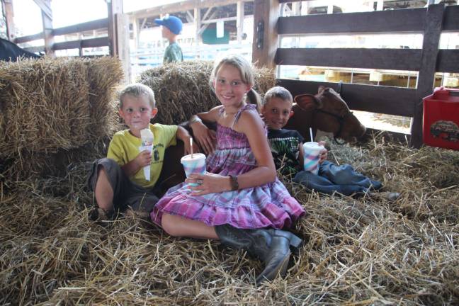 Tegan and Easton Haggerty of Wantage and Brooke Lordy of Sandyston take a quick ice cream break with their cow at the fair.