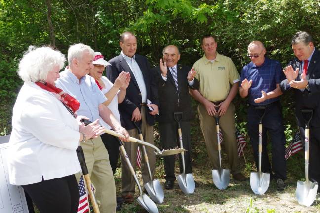 Photo by Chris Wyman Second from left, Vernon Township Vietnam War veteran John Harrigan is shown breaking ground at the new veteran&#x2019;s cemetery on Route 94 in Sparta. At the far left is Vernon resident Vernoy Paolini, the President of the Northern New Jersey Veterans Memorial Cemetery.