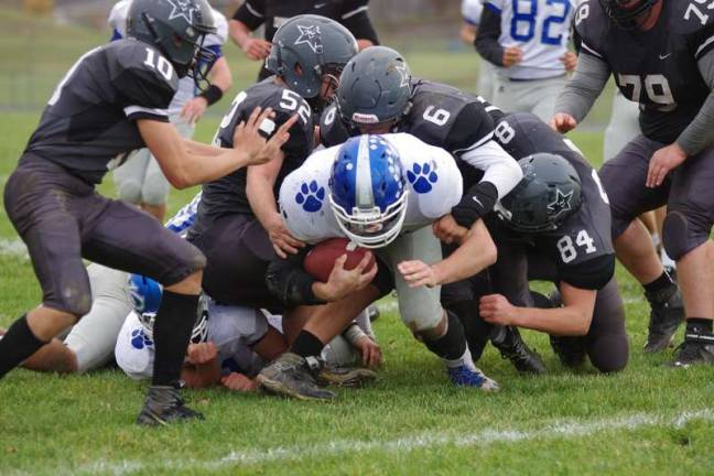 The Wallkill Valley defense smother Kittatinny ball carrier Zach Mafaro in the second half. Mafaro rushed for 101 yards and two touchdowns on 14 carries.