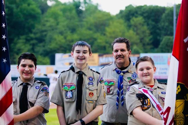 Boy Scout Troop 187 of Hardyston/Hamburg/Wantage braved the rainy weather to run the Flag Ceremony at the opening game for the Miners Baseball Team on Friday May 17, 2019. Pictured are: Tony Fernandez, Sean Masino, Jim Coffaro and Kenny Coffaro.