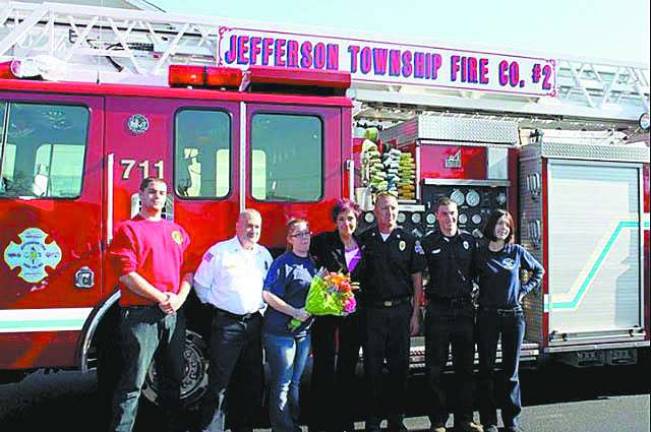Pictured from left: Kyle Peter (Jefferson Twp. Fire Co. #2 and Jefferson Twp. Rescue Squad), John Tovo (Jefferson Twp. Fire Co. #2 Chief), Koren Blauvelt (Jefferson Twp. Rescue Squad), Lisa, Ray Patrick (Jefferson Twp. Fire Co. # 2), Charlie Paskas (Jefferson Twp. Fire Co. #2) and Megan Cottone (Jefferson Twp. Fire Co. #2 and Jefferson Twp. Rescue Squad).