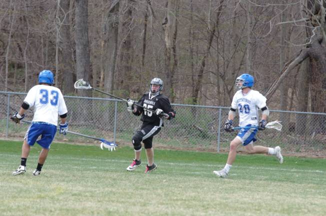 Wallkill's Jerry Struble with the ball. Kittatinny Regional High School defeated Wallkill Valley Regional High School in boys varsity lacrosse on Monday, April 28, 2014. The final score was 20-5. Kittatinny clinched the NJAC Independence Division for its first championship in program history. The game took place at Kittatinny Regional High School in Newton, New Jersey.