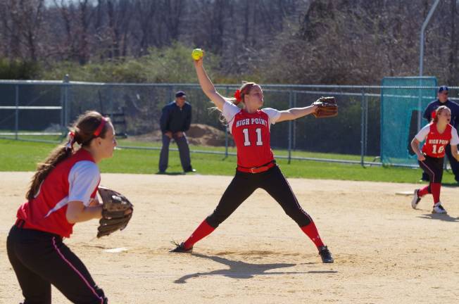 High Point's pitcher Ally Frei. High Point Regional High School defeated Pope John XXIII School in varsity softball on Thursday, April 24, 2014. The final score was 6-0. The game took place at Pope John XXIII School in Sparta Township, New Jersey.