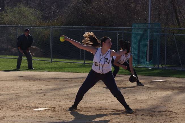 Pope John's Gabby Bubba pitches.