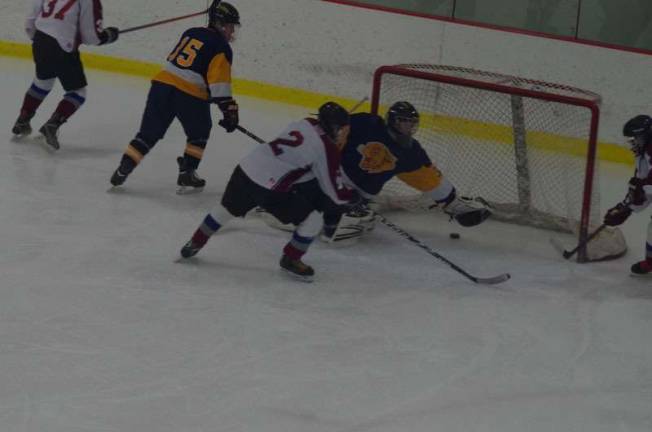 The puck crosses the line resulting in a NLV score. The shot was by Ryan Wanamaker seen partially at far right.