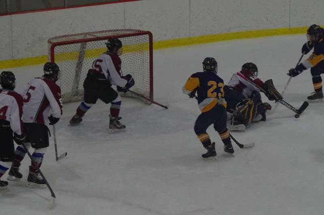 NLV's goalie Alex Palmiere (11) blocks a Pequannock shot.