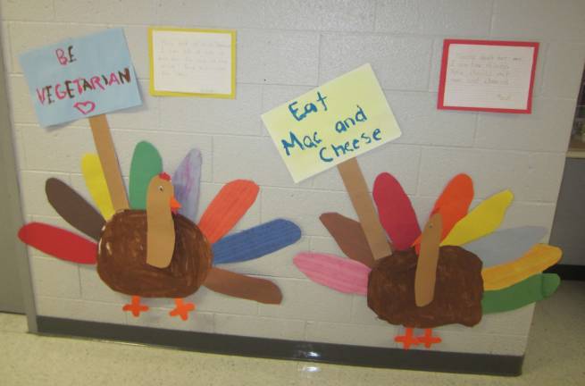 The turkeys in this display are looking to be saved from Thanksgiving.