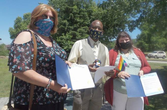 Simone Kraus, vice president of the TriVersity Center for Gender &amp; Sexual Diversity, based in Milford, Pa.; Howard Burrell, Vernon Township mayor; and Zoe Heath, executive director of Sussex County Pride. (Photo by Frances Ruth Harris)