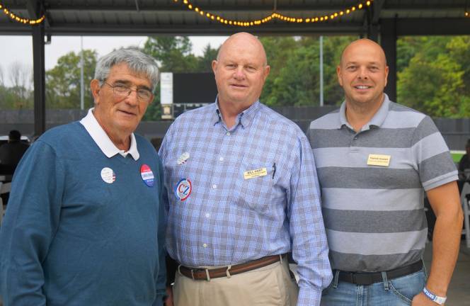 PHOTO BY VERA OLINSKIFrom left, Sussex County Freeholder Candidate Howard Zatkowsky (D), Sussex County Surrogate Candidate Bill Hart (D), and Sussex County Freeholder Candidate Patrick Curreri (D) gather with supporters.