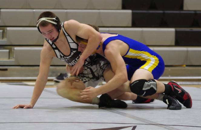 Wallkill Valley's Trevor Kish begins to break away from North Brunswick's Kenny Abode in the 170 lb category. Abode beat Kish by decision 9-2. North Brunswick Township High School (North Brunswick, N.J.) defeated Wallkill Valley Regional High School (Hamburg, N.J.) in varsity wrestling on Saturday, January 21, 2017. The final score was 51-30. The matches took place at Wallkill Valley Regional High School.