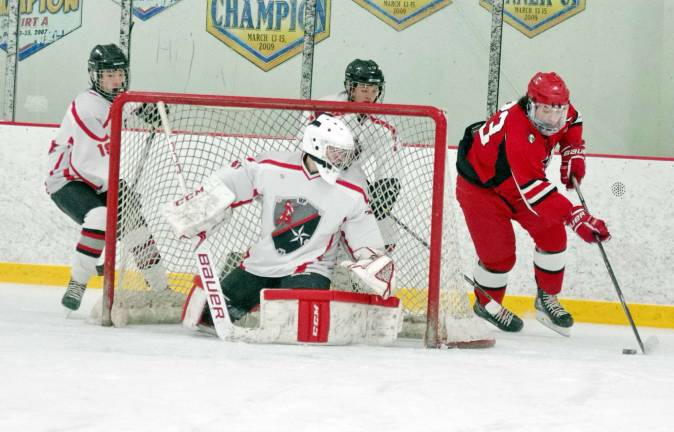 High Point-Wallkill Valley goalkeeper Nick Welch guards the entrance to the goal post as a Morris Hills Scarlet Knight steers the puck.