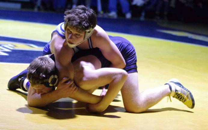 Kittatinny's Taylor Molfetto on top of Jefferson's Daun White in the 160-pound category. Molfetto won the match 11-1.