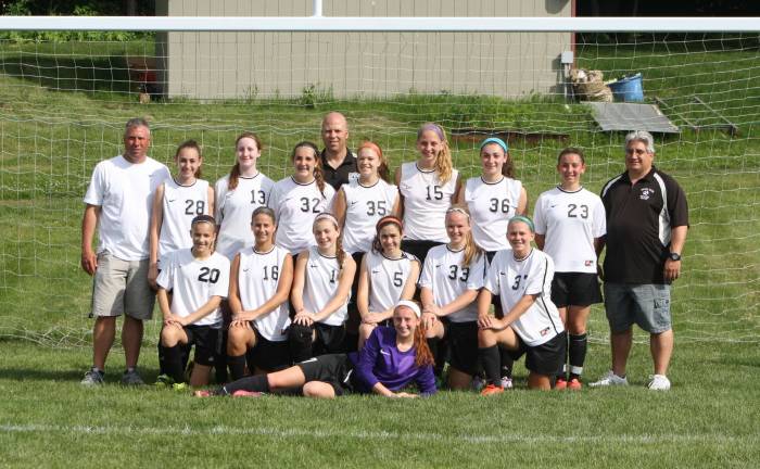 Wallkill Valley Rangers go undefeated Pictured from left, are: coaches Jeff Hilbert, Steve Todd, John Fresella; second row, from left: Sydney Fackrell, Gemma Freisinger, Morgan Carr, Maria Yahm, Brittany Todd,Taylor Carr, Hanna Flatt; and first row, from left: Chloe Kopnik, Carly Slifka, Brielle Hilbert, Anna Lacalamita, Paige Sinclair, Morgan Penque; goalie, Alexis Mendes. Alexa Batelli, Caitlin Gibson and Kelley McGregor are missing from the photo.