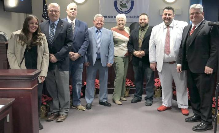 The Franklin mayor and council pose with Sussex County Commissioner Dawn Fantasia, left, and state Sen. Steven Oroho, right.