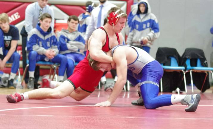 Kittatinny wrestlers defeat High Point High Point's Kurt Rosner on top of Kittatinny's Zach Mafaro in the182-pound weight class.