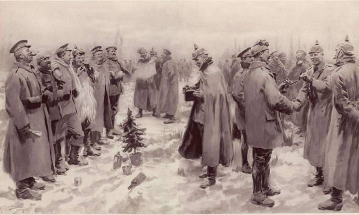 An artist's impression from The Illustrated London News of Jan. 9, 1915: &quot;British and German Soldiers Arm-in-Arm Exchanging Headgear: A Christmas Truce between Opposing Trenches&quot; By A. C. Michael , The Guardian. Originally published in The Illustrated London News, Jan. 9, 1915 (Wikipedia, Creative Commons)