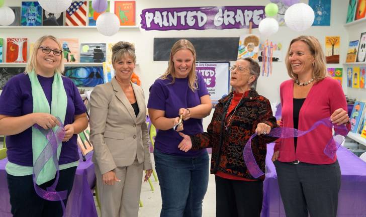 Painted grape celebrates 2 years in business From left, Painted Grape Staff Janell Hrynio, Sussex County Chamber of Commerce President Tammie Horsfield, Painted Grape Art Manager/Founder Beckie Sajban, Hardyston Mayor Leslie Hamilton, and Franklin/Hardyston Chamber of Commerce Chair Jennifer Gardner celebrate the Painted Grape two year anniversary ribbon cutting.