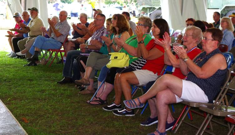 During the presentation, the front rows were populated by quilters and veterans. The groups that created the patriotically themed quilts included the Fairgrounds Quilters and the Sussex County Quilters.