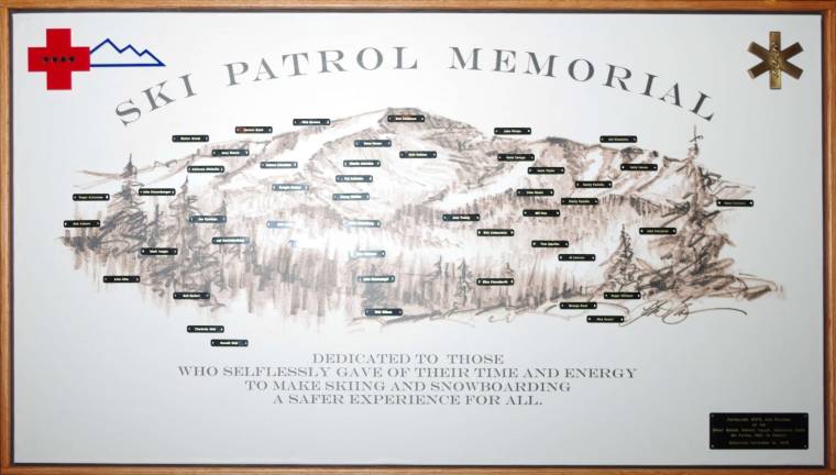 A detailed image of the Ski Patrol Memorial Plaque unveiled Saturday evening at Mountain Creek.