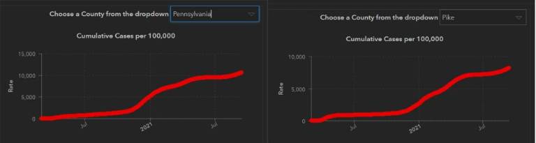 Two Milford eateries close because of Covid outbreaks These graphs from the Pennsylvania Department of health on Sept. 15 show the curve of Pike County cases (right) going up more sharply than cases statewide (left).