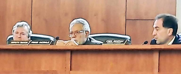 Hardyston council, from left: Mayor Brian Kaminski, Deputy Mayor Frank Cicerale, Township Attorney Fred Semrau (Photo by Laura J. Marchese)