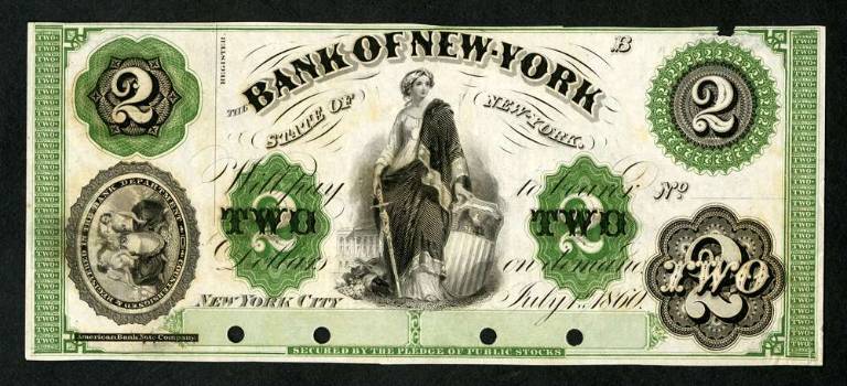 Scripophily -- rare stocks and bonds -- to be sold at auction Bank of New York, 1860 proof obsolete banknote. Lot 747