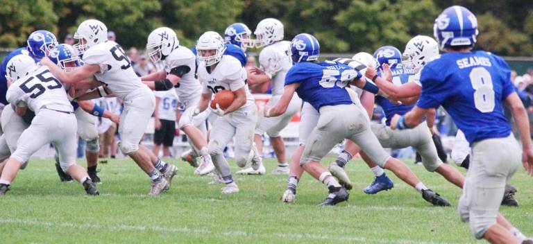 Wallkill Valley running back Ben Mizeski carries the ball as he moves forward. Mizeski scored two touchdowns and made two interceptions. The second interception secured the win for Wallkill Valley on Kittatinny's final drive.