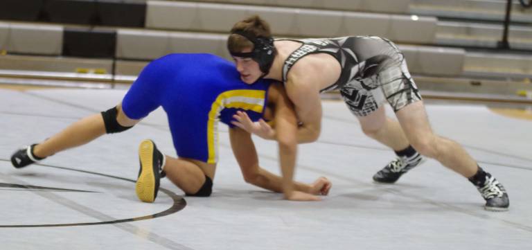 Wallkill Valley's Zaine Sugar on top of North Brunswick's Alex Angeles in the 160 lb category. Angeles pinned Sugar in 5:25. North Brunswick Township High School (North Brunswick, N.J.) defeated Wallkill Valley Regional High School (Hamburg, N.J.) in varsity wrestling on Saturday, January 21, 2017. The final score was 51-30. The matches took place at Wallkill Valley Regional High School.