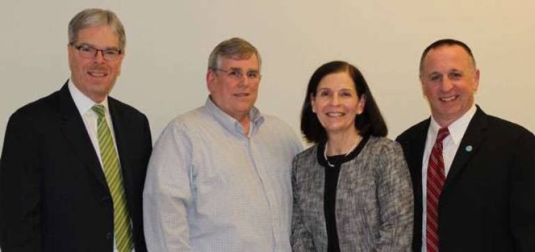 Lakeland Bank honors longtime employees President and CEO Tom Shara, left, stands with colleagues celebrating 10 years of service with Lakeland Bank. Left to right is William Reul, Linda Smith and Jeff Beebe.