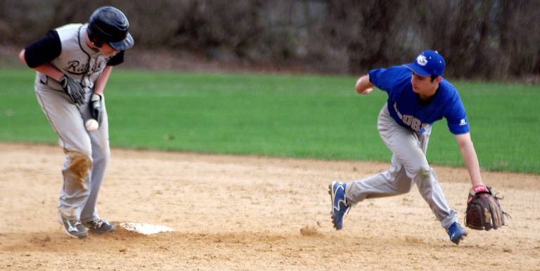 Wallkill Valley's Cameron Blake is struck by the ball while stealing second base in the fifth inning.
