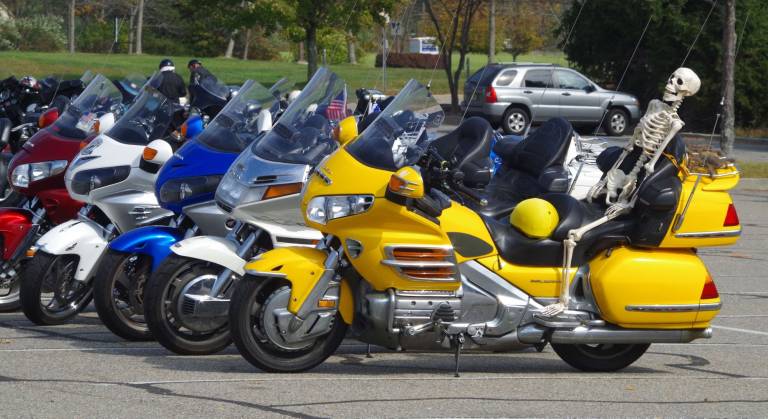 Following the Blue Knight&#xfe;&#xc4;&#xf4;s Make A Wish Ride, hundreds of motorcycles were parked in the main parking area of Skylands Stadium including some decorated for Halloween as was this Honda Gold Wing.