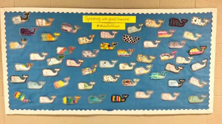 Ogdensburg students and staff helped decorate Mrs. Cooper&#x2019;s bulletin board by designing and coloring whales. #WhalesForACause &#x2013; Vineyard Vines partnered with Simon &amp; Schuster and First Book to provide brand new books to kids in need for every whale shared on social media.