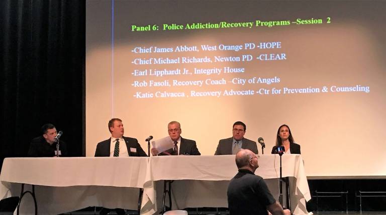 From left, Rob Fasoli, City of Angels; Earl Lipphardt, Jr., Integrity House; Chief James Abbott, West Orange PD, HOPE; Chief Michael Richards, Newton PD, C.L.E.A.R.; Katie Calvacca, Center for Prevention and Counseling, C.L.E.A.R.