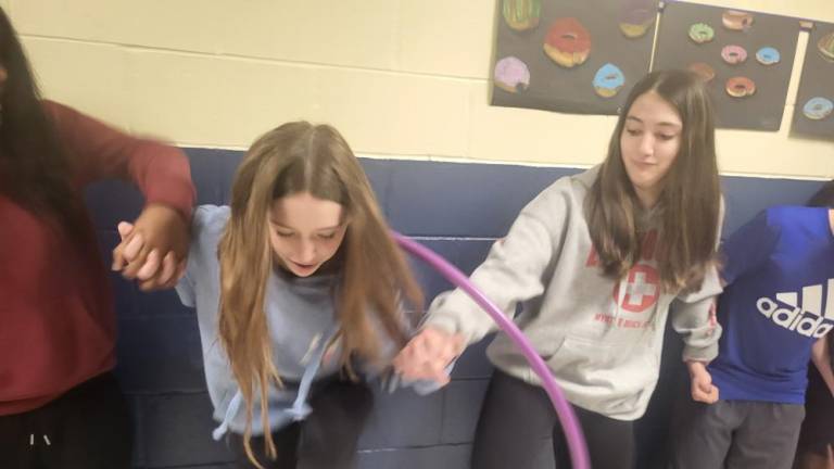 Hardyston Middle School students working together to win the hula hoop challenge. (Photos provided)