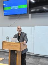 Author and television news producer David Page speaks May 2 at Sussex County Community College in Newton. (Photo by Cheryl Conway)