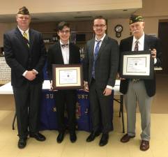 Ryan Oleksy, a Senior at Wallkill Valley Regional High School, is shown with Commander Stephen L. Davis, Jr., his brother Austin Oleksy a prior VOD Essay winner and graduate of WVRHS, and VFW Chairman Donald E. DeVore