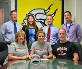 Pictured: Standing, from left, Athletic Director Bill Foley, Coach Jen Baldwin, Principal Drew Krause, Coach Doug Miller; seated, from left, Rothamel, Emily and Mr. Rothamel.