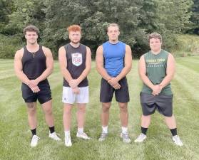 From left, are Cole Weekley (Wallkill Valley), Nick Molina (Lenape Valley), Jacob Mafaro (Kittatinny) and Ryan Marshall (Sussex Tech) are members of the new Sussex County Community College football team.