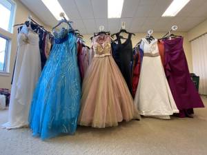 Prom dresses, bridesmaids’ dresses, gowns for mothers-of-the-bride, evening bags, jewelry, wraps and shawls, as well as shoes were donated to the Prom Shop.