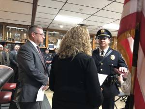 Jason Tangorra takes the oath of office as police chief Monday, May 1 in the firehouse. Hamburg Mayor Richard Krasnomowitz is at left. (Photos by Kathy Shwiff)