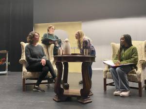 From left, Michelle Dester of Vernon, Tessa Gori of Sparta, Alexis Garrity of Sussex and Aurelia Shanga of Mount Olive rehearse the one-act play, ‘Overtones’ by Alice Gerstenberg, that will be performed during Sussex County Community College’s Theater Arts Student Showcase on Tuesday, Dec. 19. (Photo by Allison Ognibene, SCCC)
