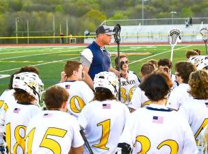 Vernon boy’s lacrosse coach Adam Coleman motivates his team during a game against Kittatinny in May 2022.