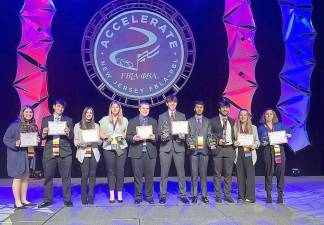 Ten members of the Wallkill Valley Regional High School chapter of Future Business Leaders of America (FBLA) participated in the 2022 NJFBLA State Leadership Conference at Harrah’s in Atlantic City, March 9-11. Pictured (from left): Carly Trovato, Joe Haas, Gianna Casselano, Marina Bakovic, Brian Hall, Joey Mueller, Dharmil Bhavsar, Antonio Ciasullo, Natalie Armstrong, and Dayna Alemy. (Photo provided)