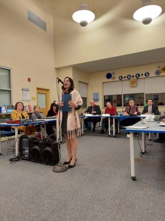 Jennifer Cimaglia, principal of Hardyston Elementary School, announces the students of the month for January at the Hardyston Board of Education meeting. (Photo by Laura J. Marchese)