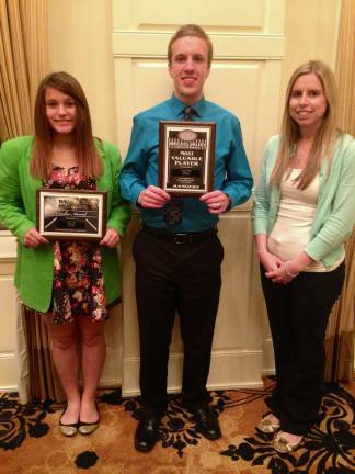 Amber Lora and Ryan Scholz &#x2014; holding their awards &#x2014; and the Wallkill Valley Regional High School bowling coach Kaitlynn Egan are shown at the June 9 Athletic Awards Night at Crystal Springs Resorts.