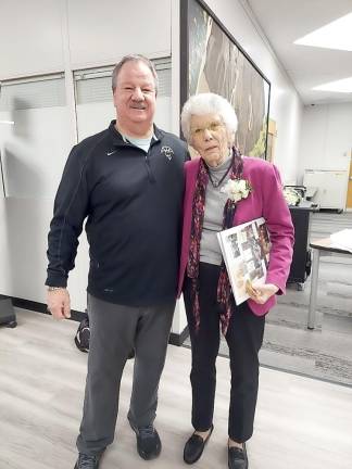 Former Wallkill Valley Regional High School girls basketball coach Gretta Sencevicky was honored at the Jan. 13 game against Veritas Christian Academy. Standing with her is current head coach Earl Hornyak. (Photos provided)