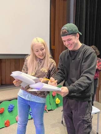 Alexis Garrity of Sussex and Colin O’Sullivan go over lines for ‘Once a Pond a Time: The Tales of Thumbelina and Ugly Duckling.’
