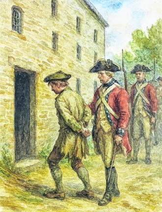 <b>An illustration of the captured Patriot Stephen Haines taken, as a prisoner, to the Rhinelander Sugar House which the British are said to have used as a prison.</b>